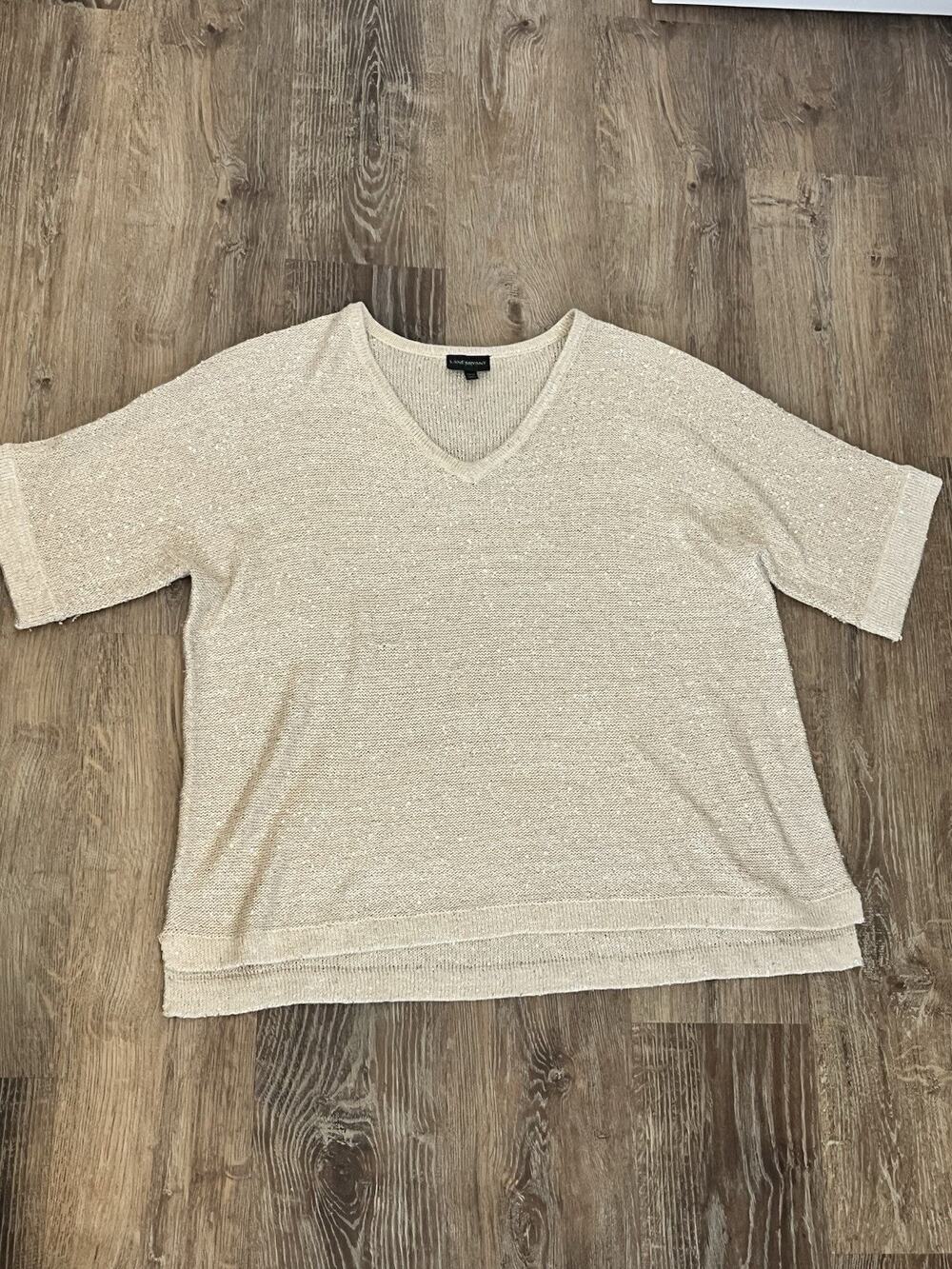 Lane Bryant 22/24 Beige Sequin Knit Sweater Plus Size Short Sleeve Sparkle Top